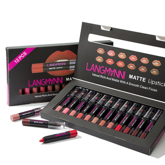 LANGMANN matte lipsticks set with packaging on a white background