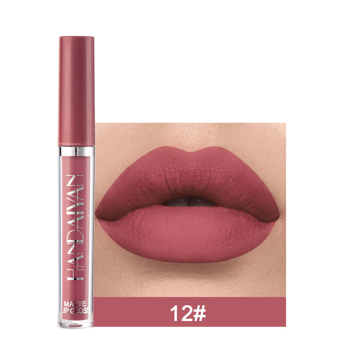 Lip gloss with a pinkish-brown color swatch on lips and brand name 'HANDAIYAN' displayed.