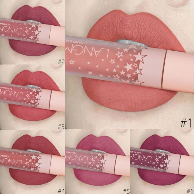 Lanqiu lip gloss with star design on packaging, shown on lips.
