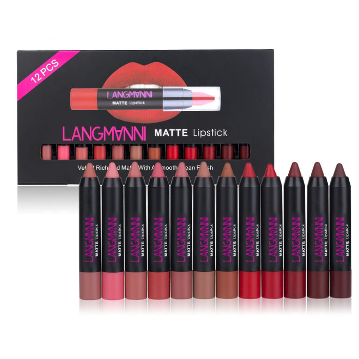 Set of LANGMANN matte lipsticks with packaging on a white background