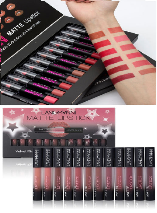 Set of Langham Matte Lipstick with packaging and swatches on a white background