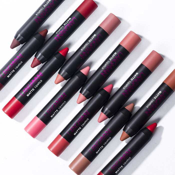 Set of Matte Lipstick pencils with various shades on a white background