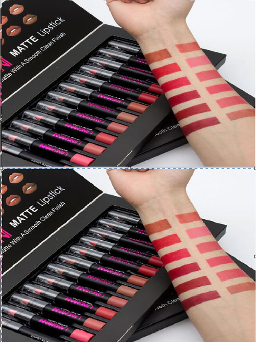Set of matte lipsticks with swatches on a white background