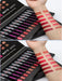 Set of matte lipsticks with swatches on a white background