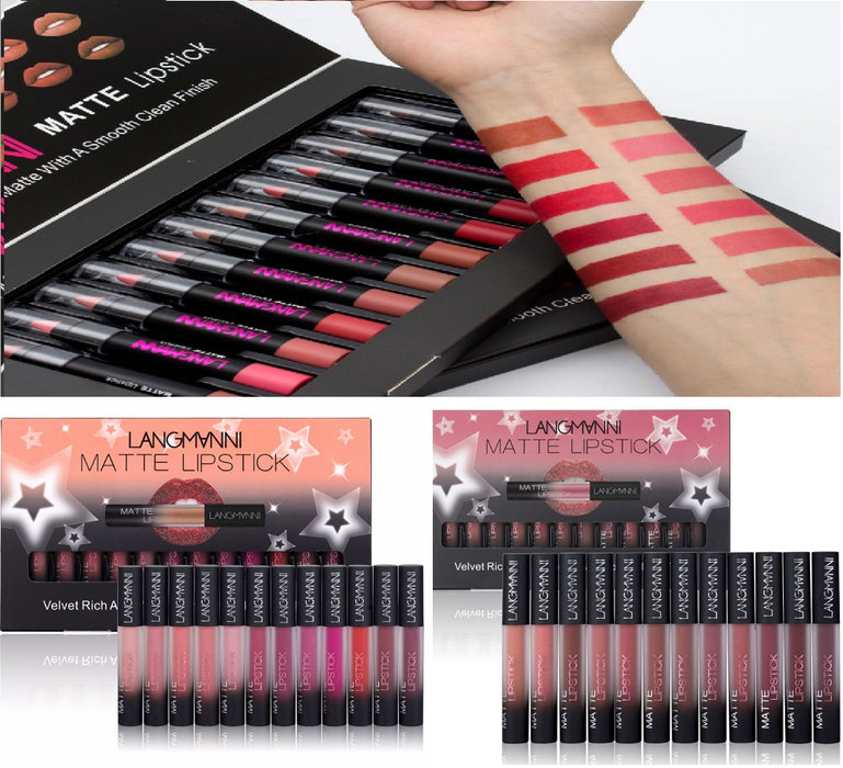 Set of Langmanni matte lipstick with packaging and swatches on a white background