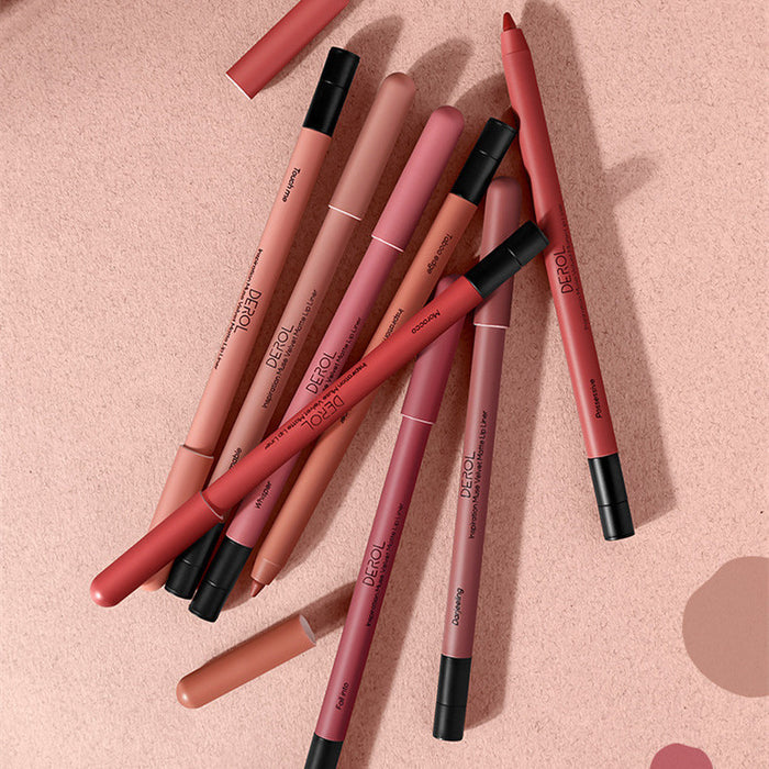 Set of Derolde lip pencils on a pink background