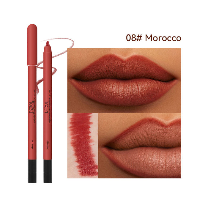 Lip liner with 'Morocco' color swatch and application on lips