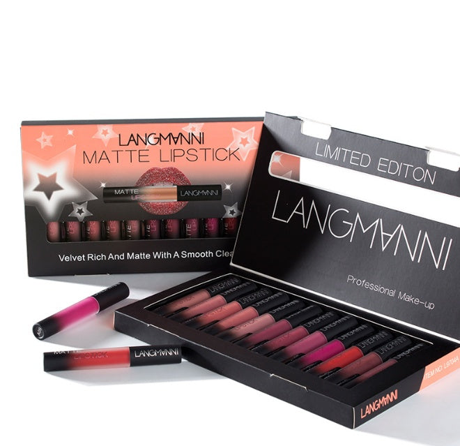 LANGMANNI matte lipstick set with packaging on a white background